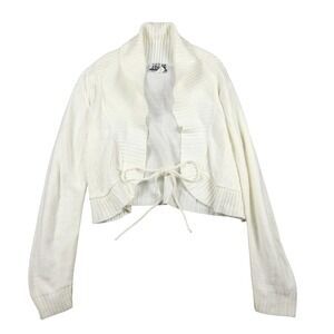 Vintage Women White Cropped Knit Cardigan Tie Front Shawl Collar Sweater Size M